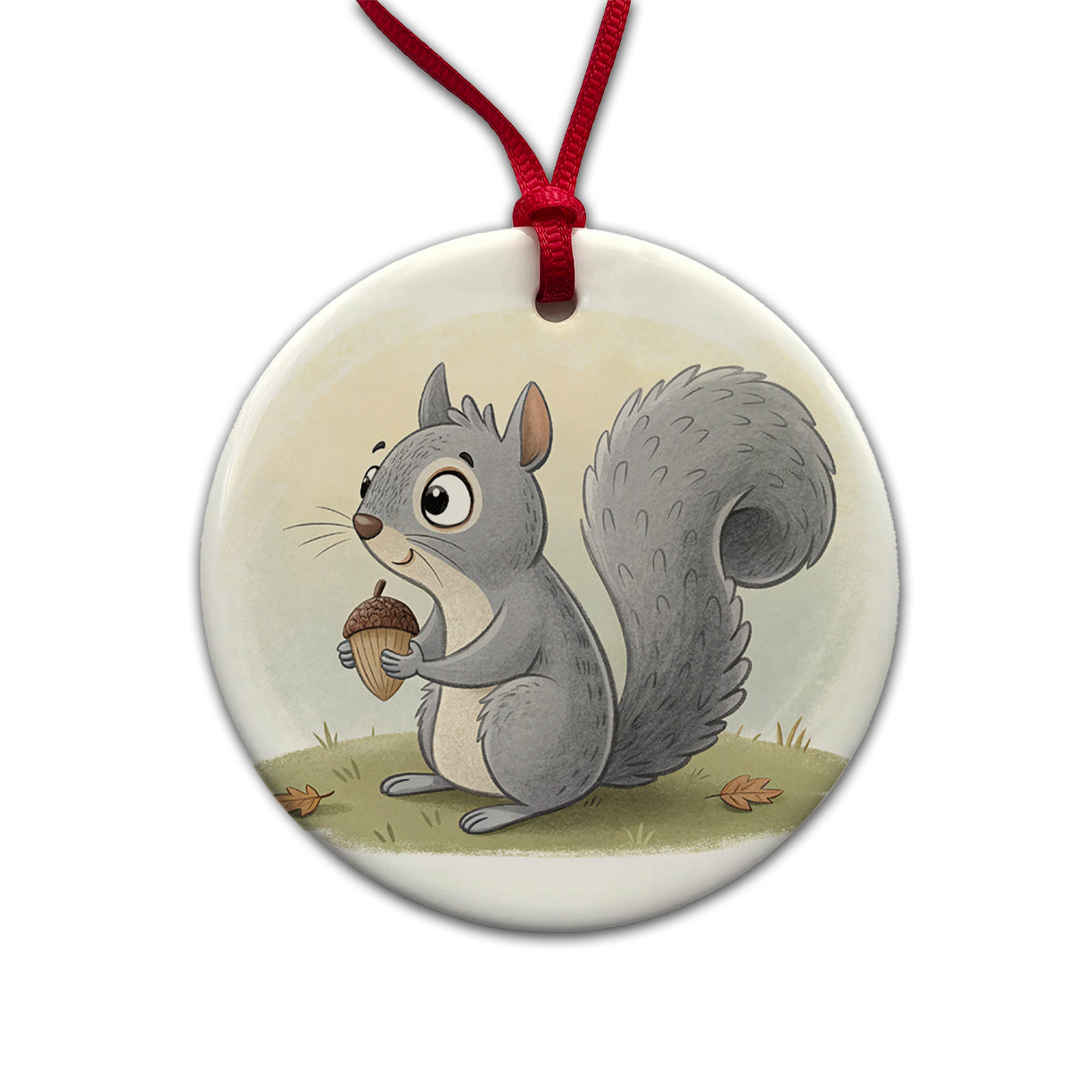 Gray Squirrel Children's Illustration Style Round Ceramic Holiday Christmas Tree Ornament