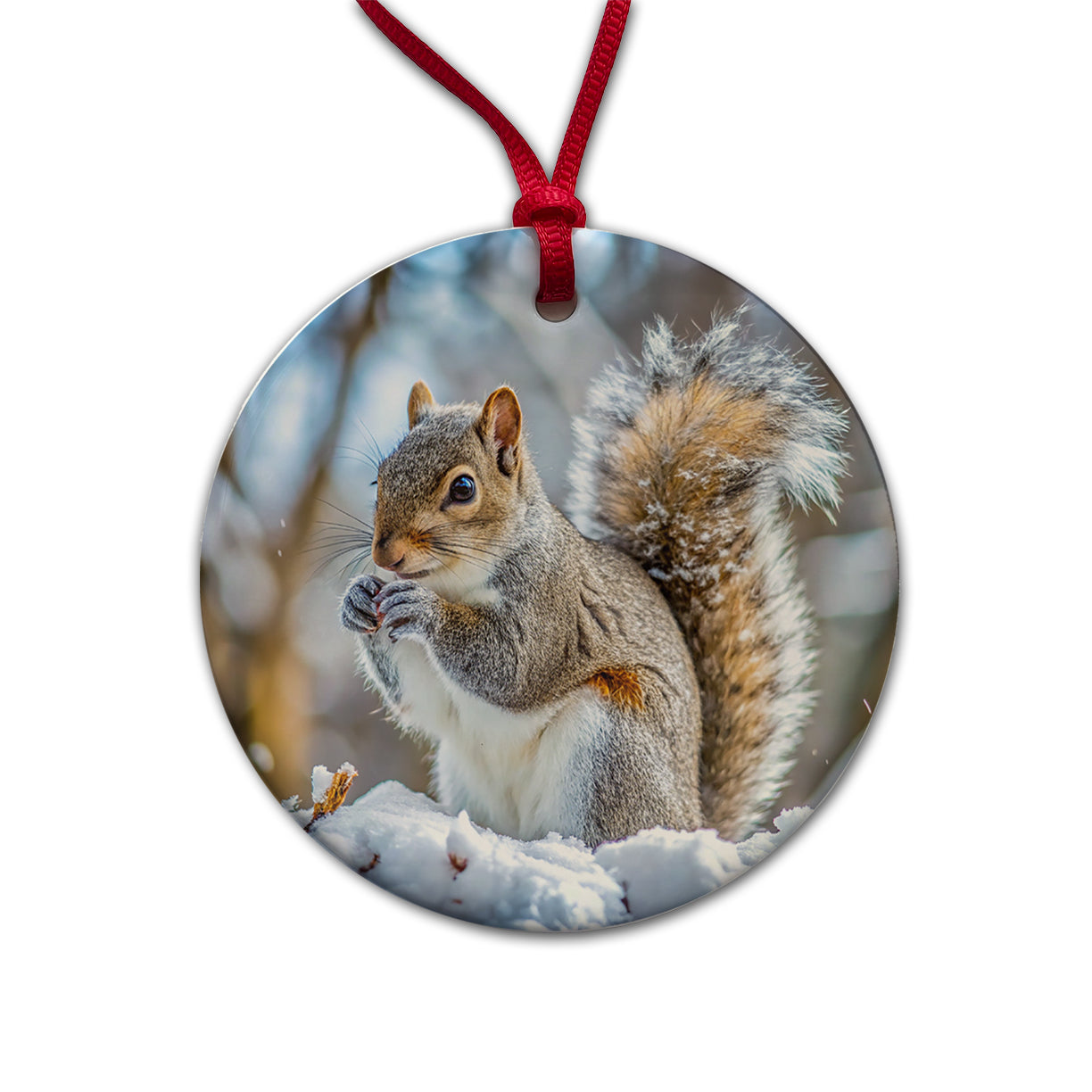 Gray Squirrel In Winter Round Ceramic Holiday Christmas Tree Ornament