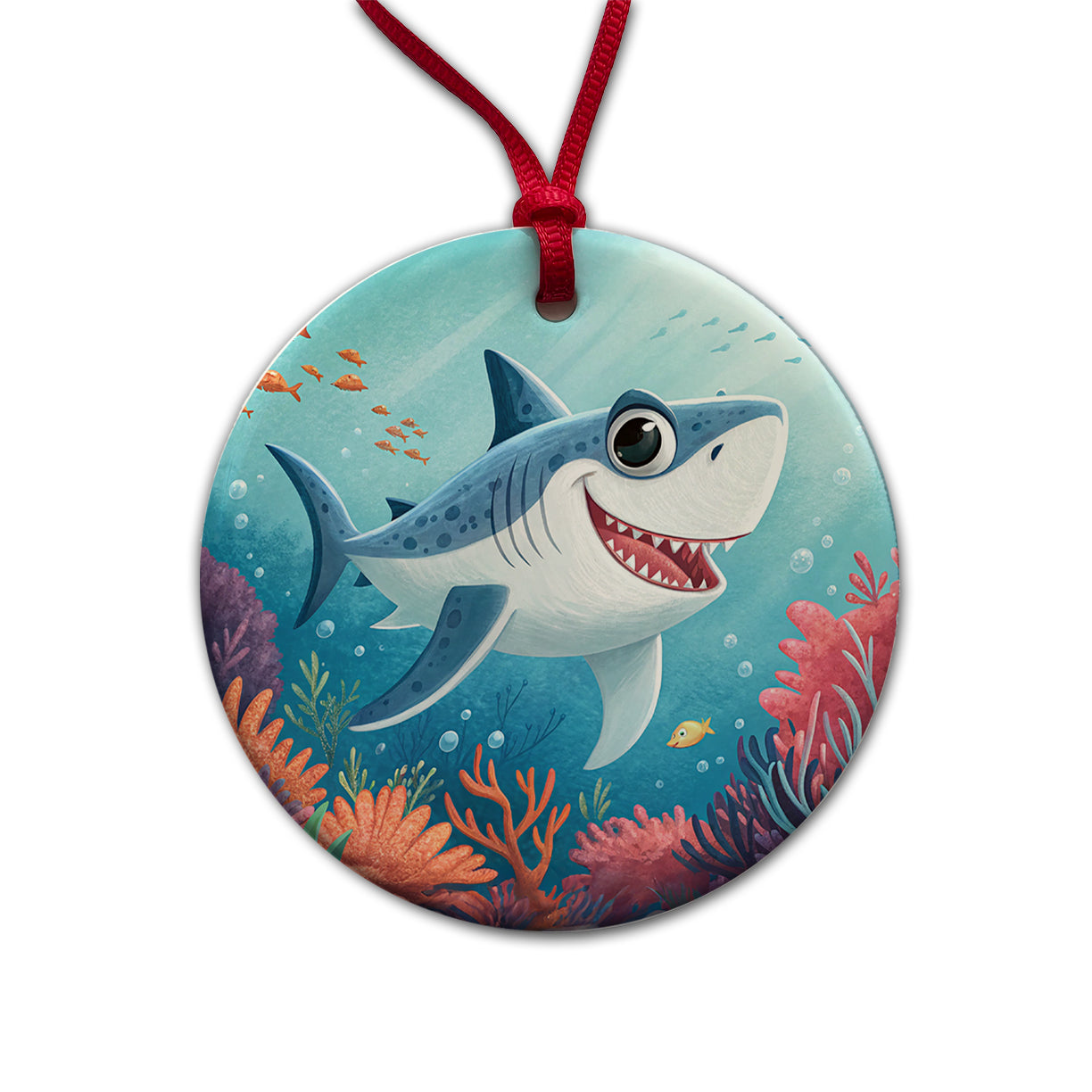 Great White Shark Children's Illustration Style Round Ceramic Holiday Christmas Tree Ornament