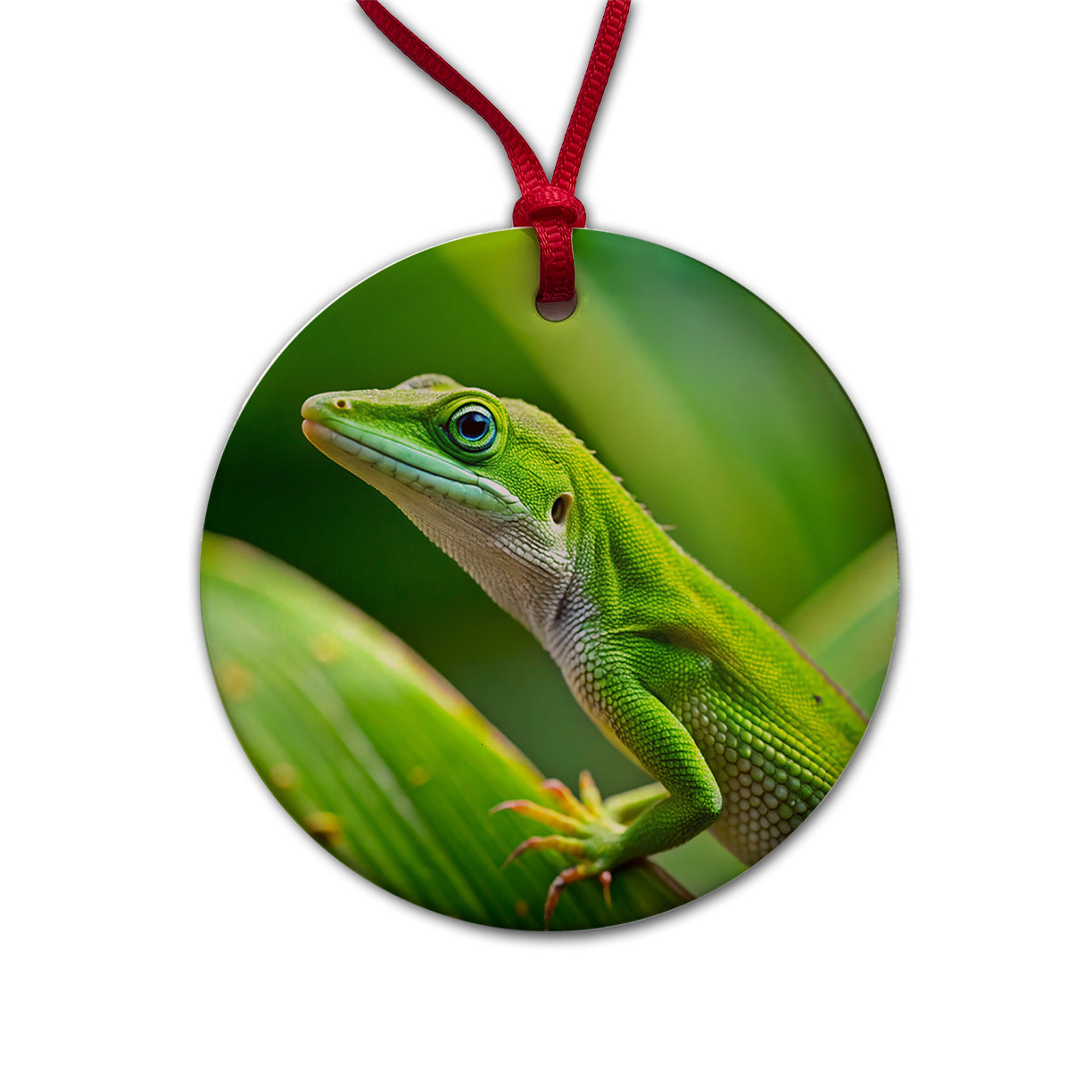 Green Anole Lizard Reptile Round Ceramic Holiday Christmas Tree Ornament