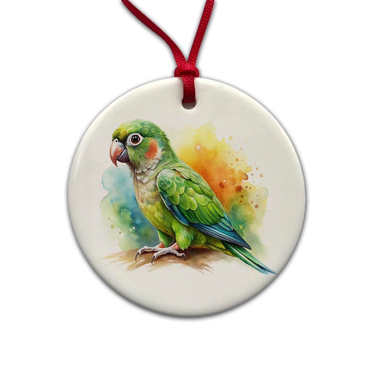 Green Conure Parakeet Bird Watercolor Round Ceramic Holiday Christmas Tree Ornament