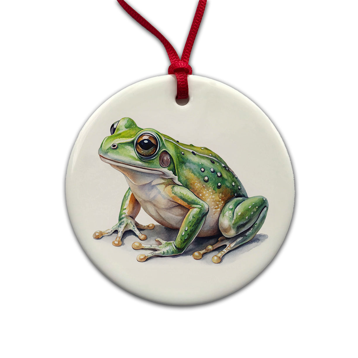Green Frog Watercolor Round Ceramic Holiday Christmas Tree Ornament