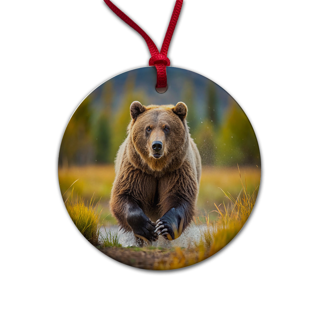 Grizzly Bear Chasing You Round Ceramic Holiday Christmas Tree Ornament