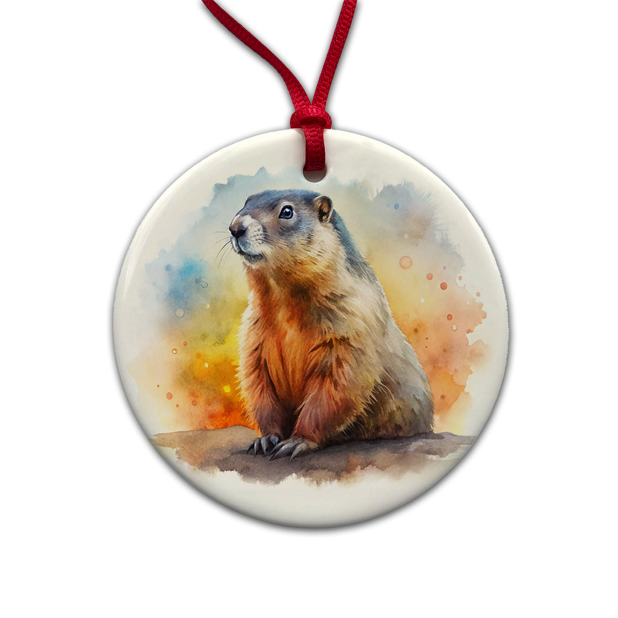 Groundhog Watercolor Round Ceramic Holiday Christmas Tree Ornament