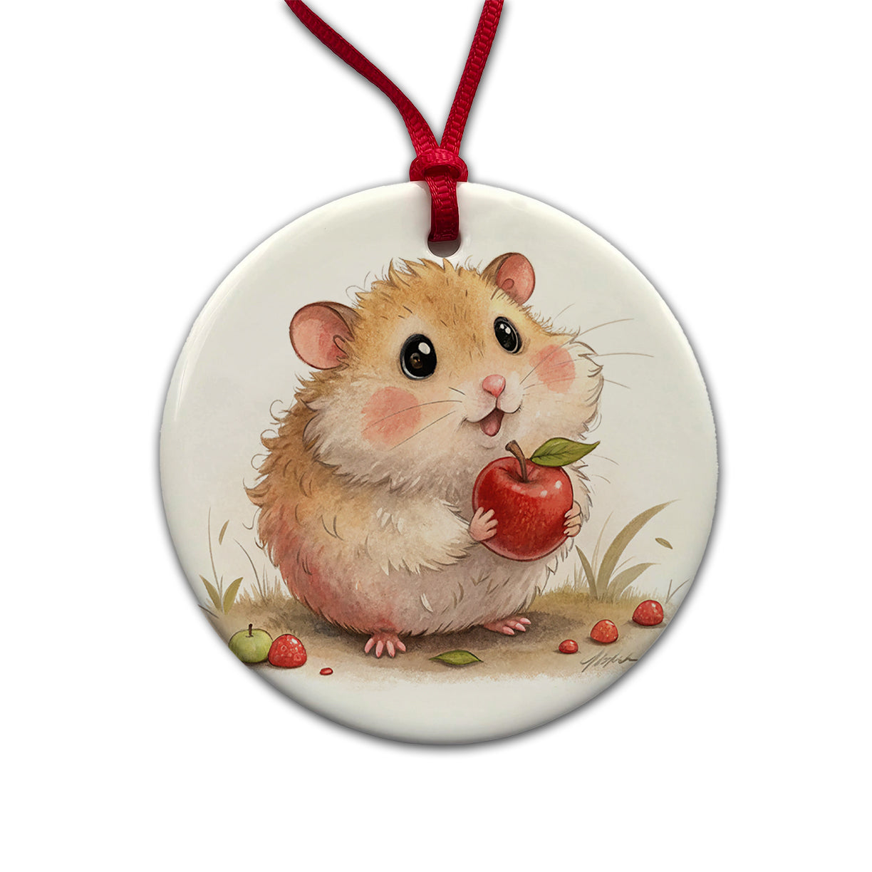 Hamster Children's Illustration Style Round Ceramic Holiday Christmas Tree Ornament