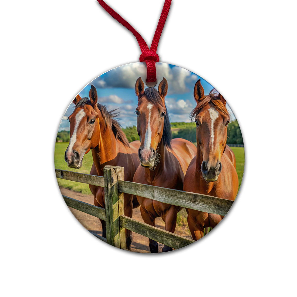 Horses Standing At The Fence Round Ceramic Holiday Christmas Tree Ornament