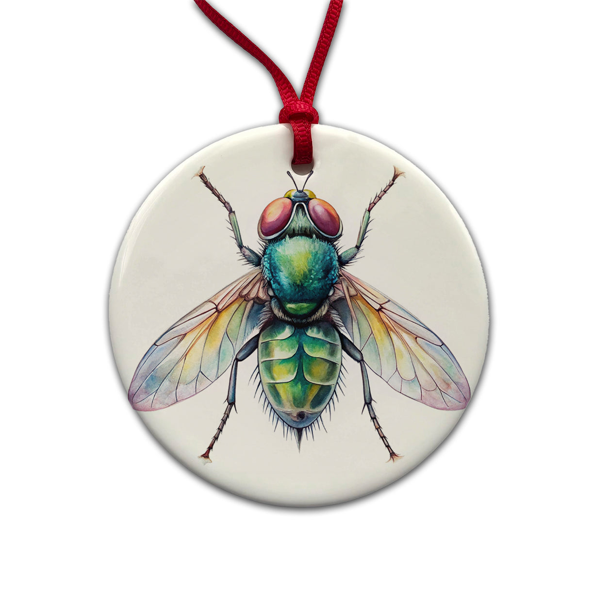 Housefly Fly Watercolor Round Ceramic Holiday Christmas Tree Ornament