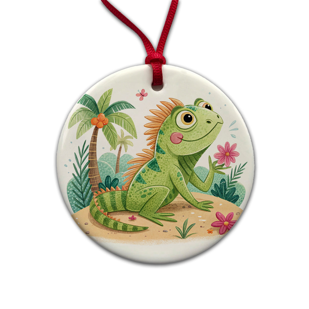 Iguana Lizard Children's Illustration Style Round Ceramic Holiday Christmas Tree Ornament