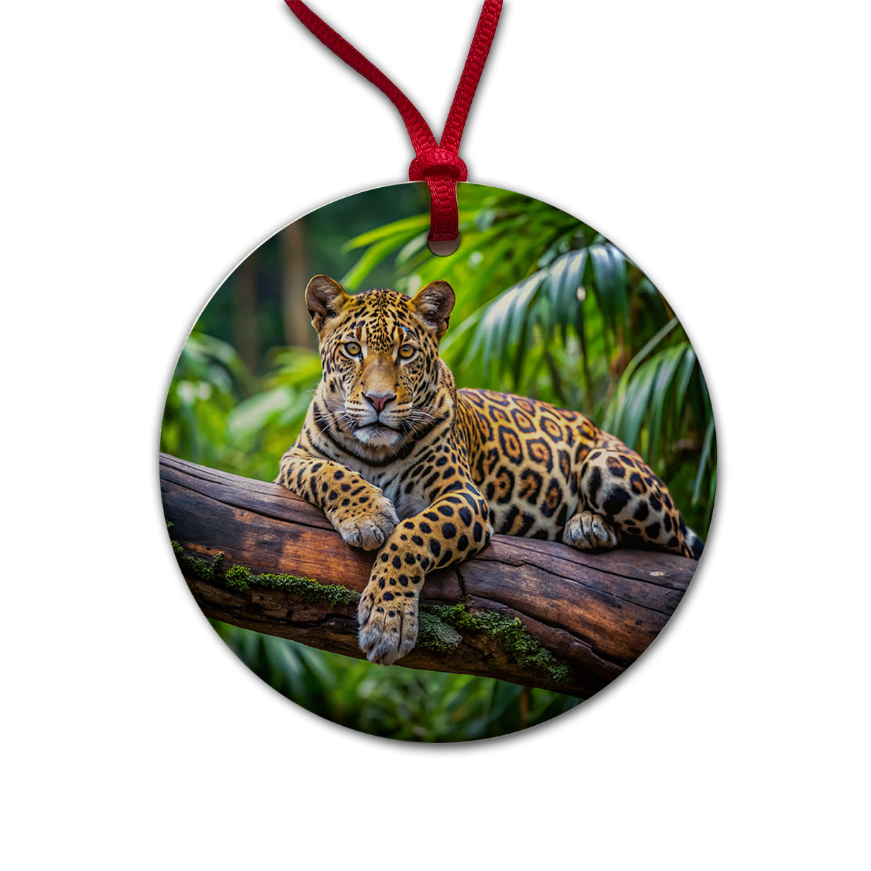 Jaguar Lying On Tree Limb In Jungle Round Ceramic Holiday Christmas Tree Ornament