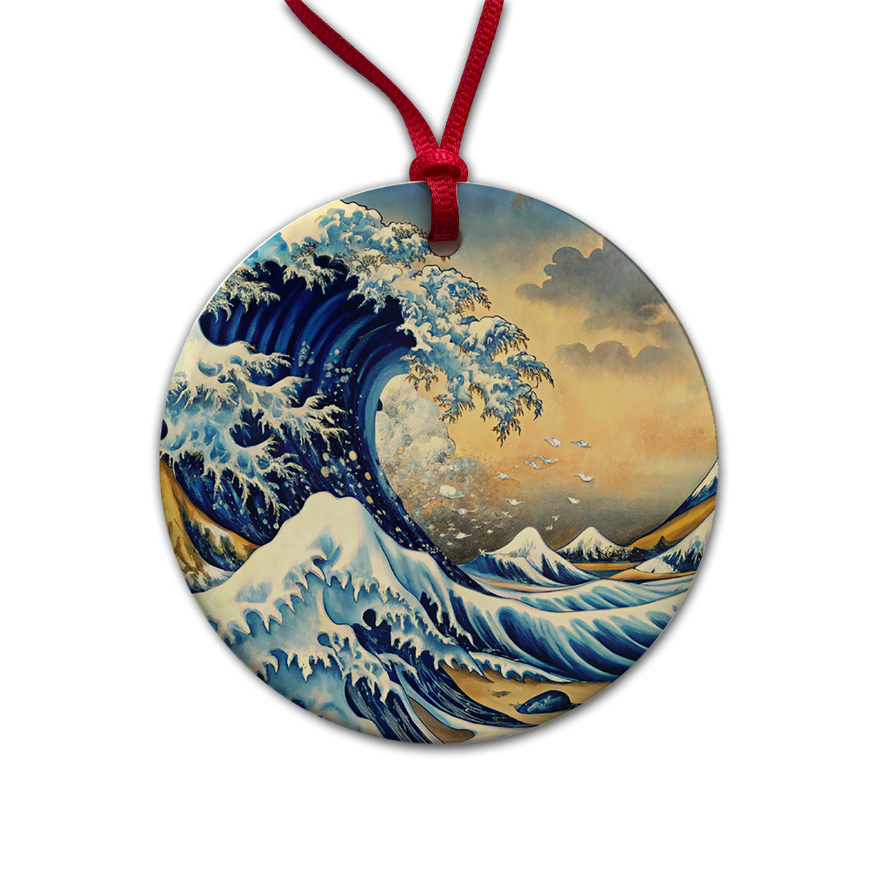 Japanese Blue Ocean Waves Ink Painting Round Ceramic Holiday Christmas Tree Ornament
