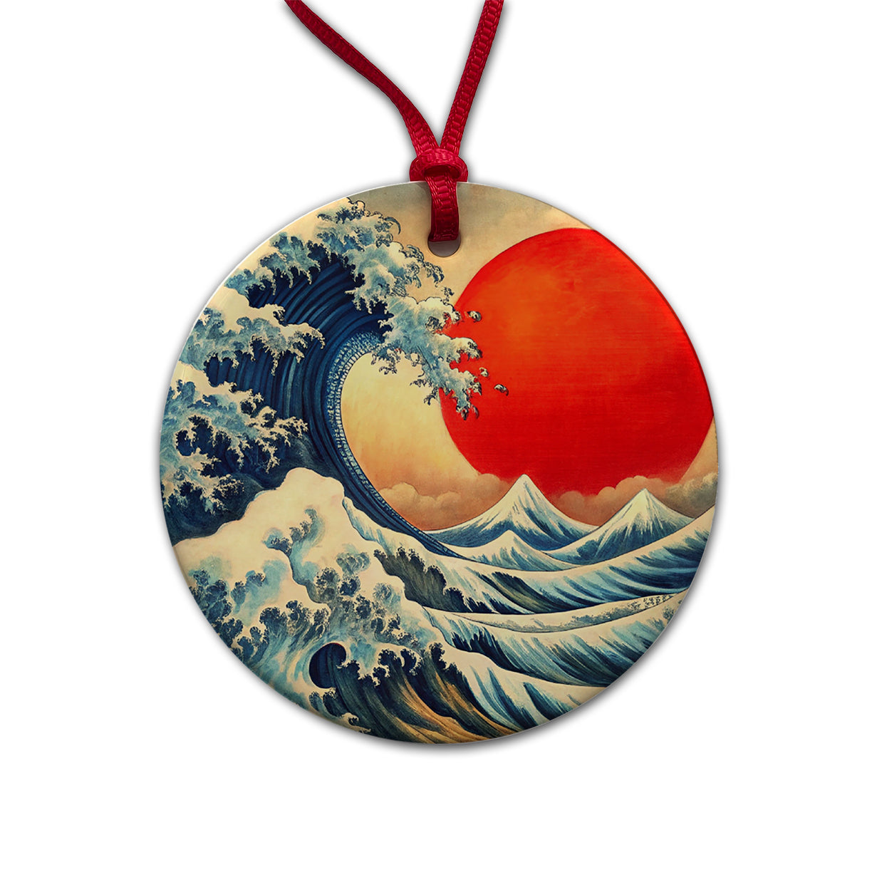 Japanese Blue Ocean Waves Large Red Sun Ink Painting Round Ceramic Holiday Christmas Tree Ornament