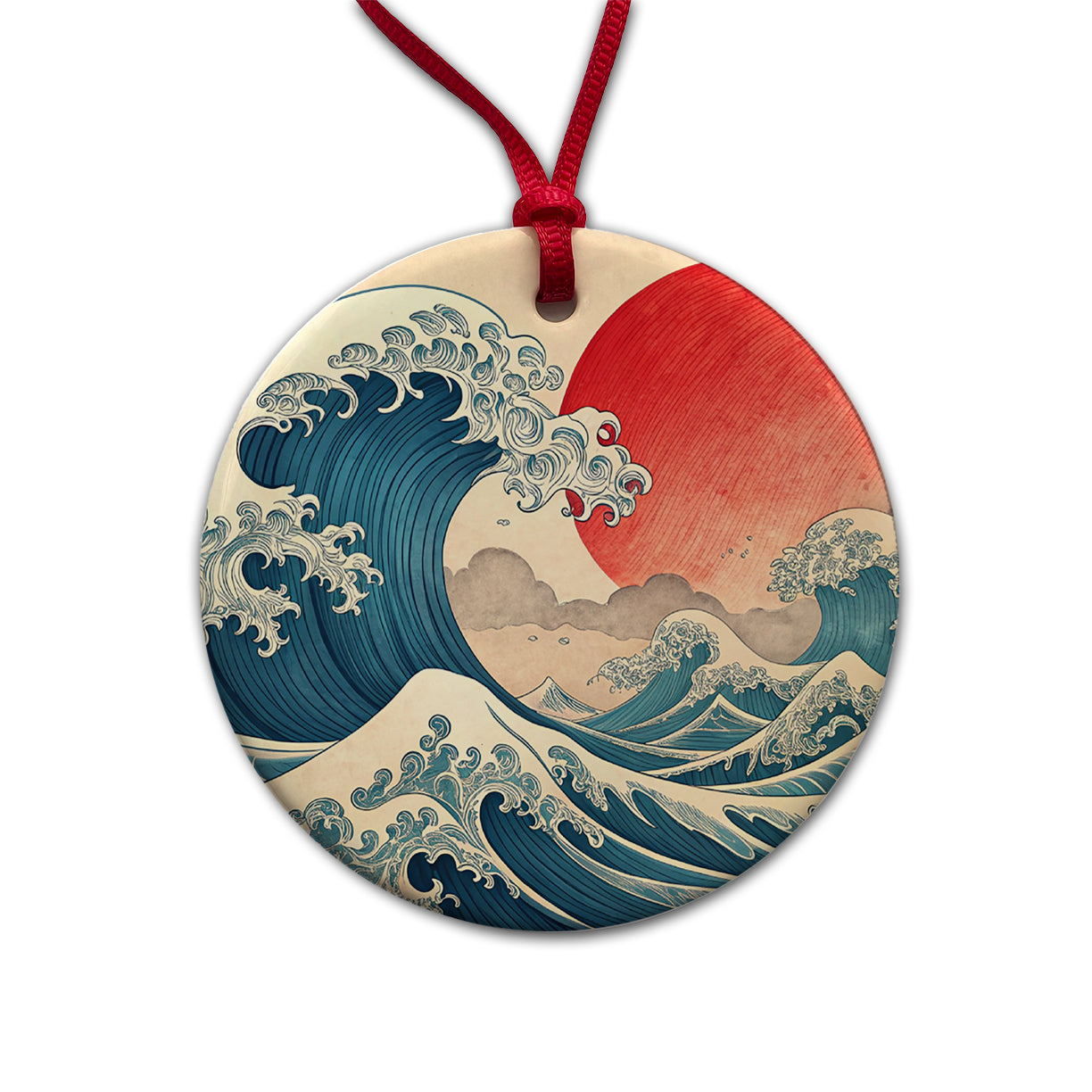Japanese Blue Ocean Waves Large Sun Round Ceramic Holiday Christmas Tree Ornament