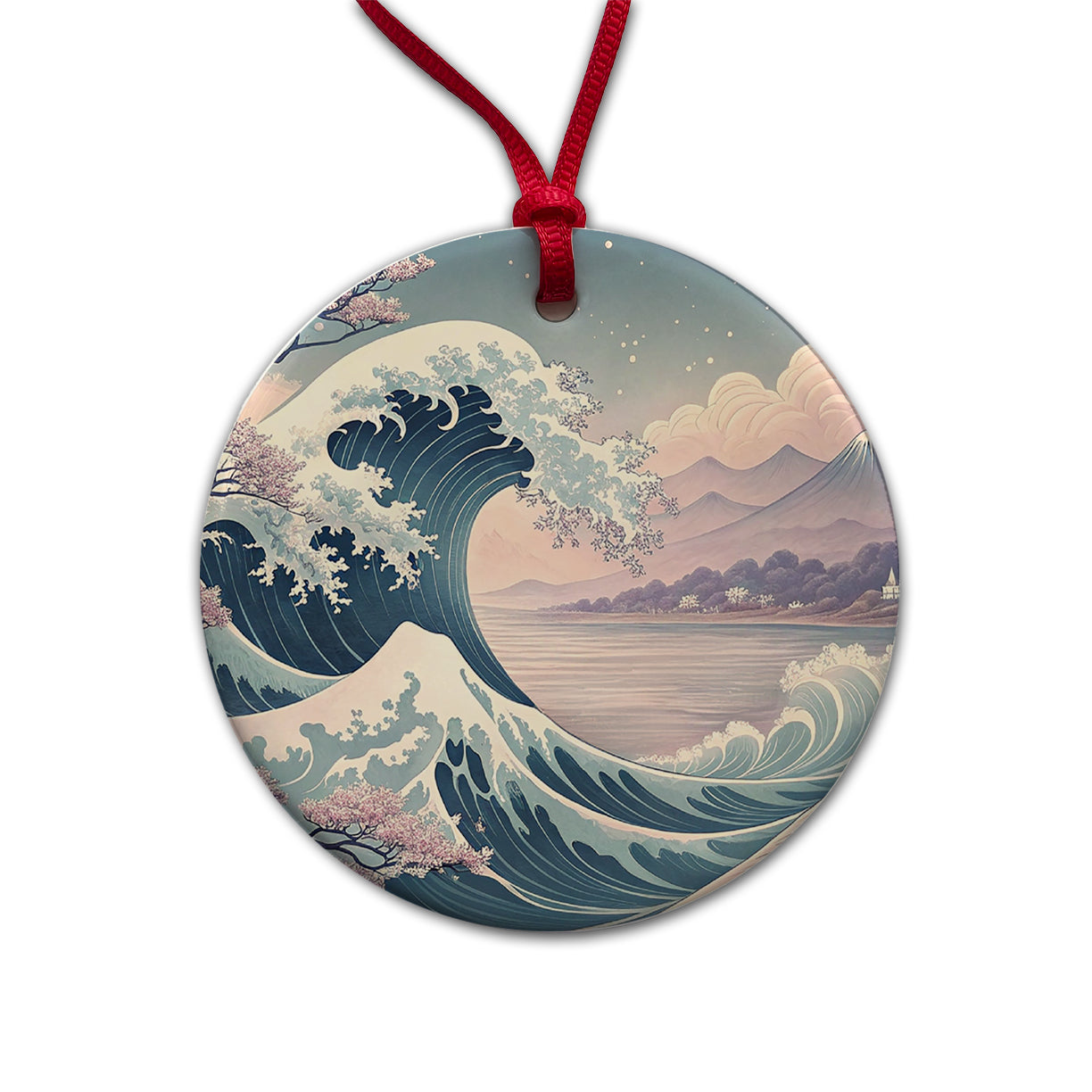 Japanese Blue Pink Ocean Waves and Sakura Blossoms Round Ceramic Holiday Christmas Tree Ornament