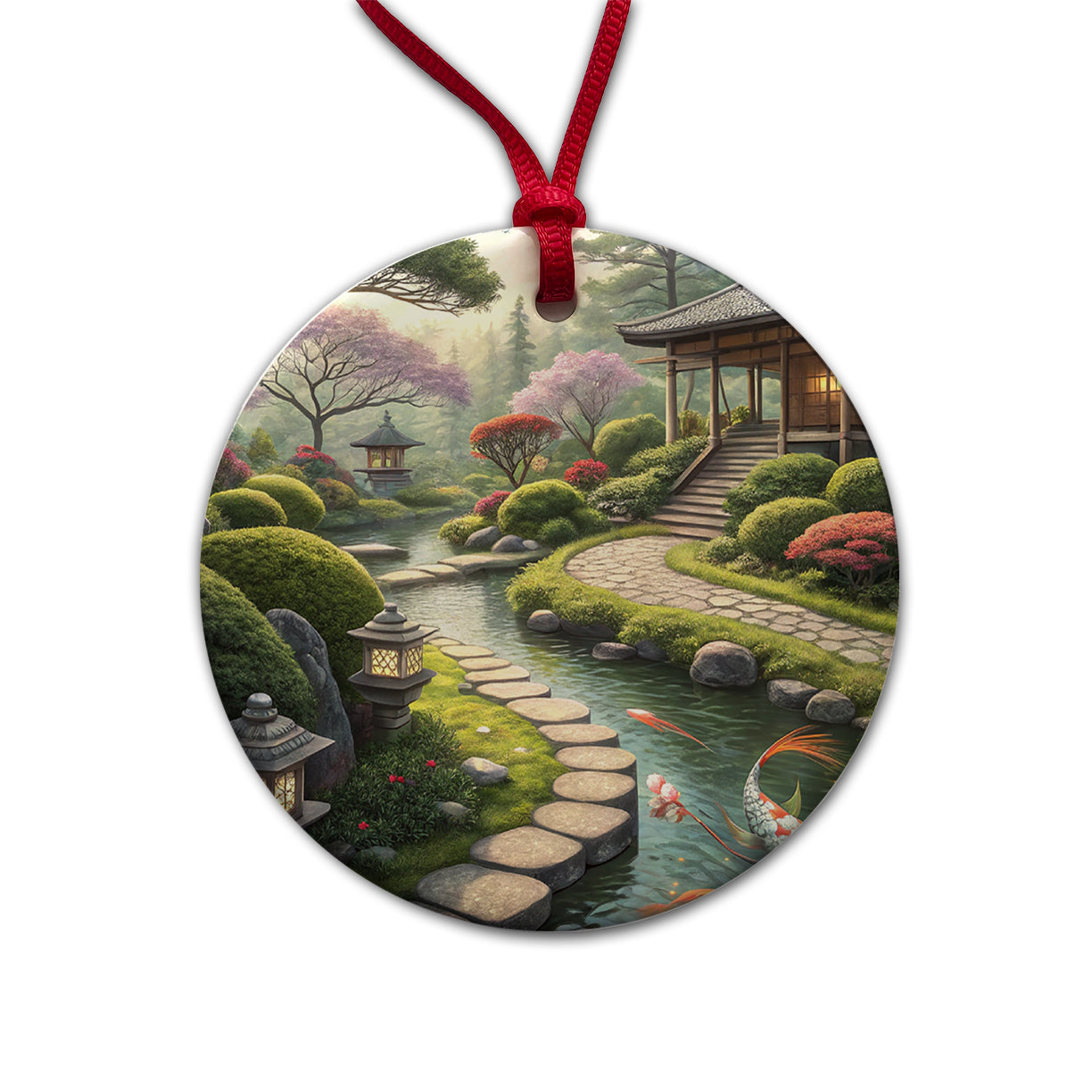 Japanese Garden with Koi Round Ceramic Holiday Christmas Tree Ornament