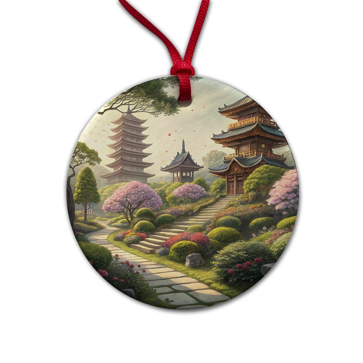 Japanese Garden With Pagodas Round Ceramic Holiday Christmas Tree Ornament