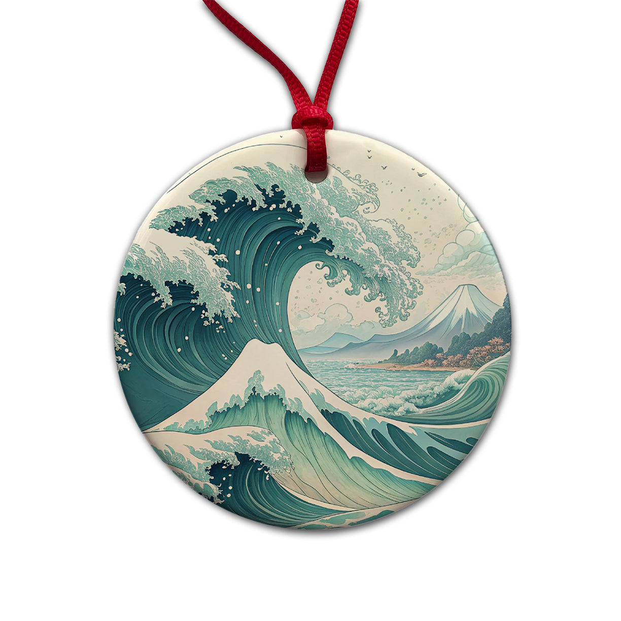 Japanese Ocean Waves Cartoon Round Ceramic Holiday Christmas Tree Ornament