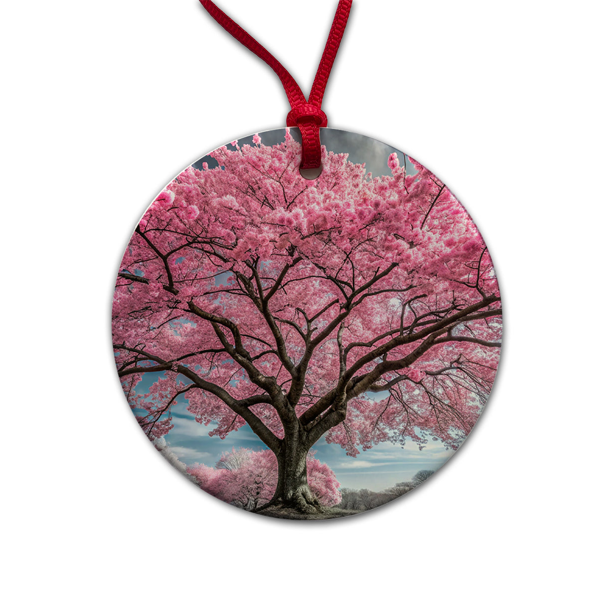 Japanese Sakura Cherry Blossom Tree Round Ceramic Holiday Christmas Tree Ornament