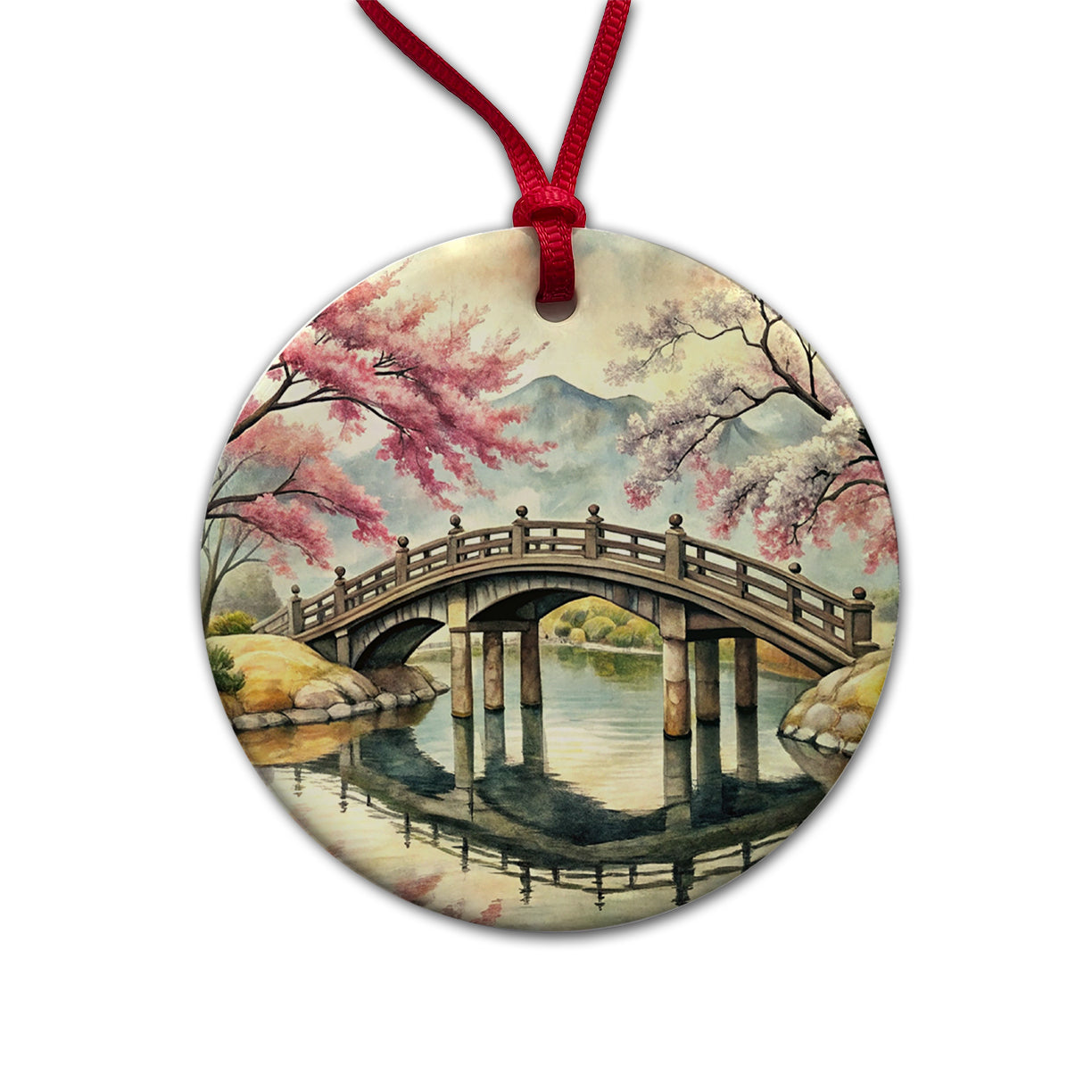 Japanese Style Ink Painting Sakura Trees Bridge Water Landscape Round Ceramic Holiday Christmas Tree Ornament