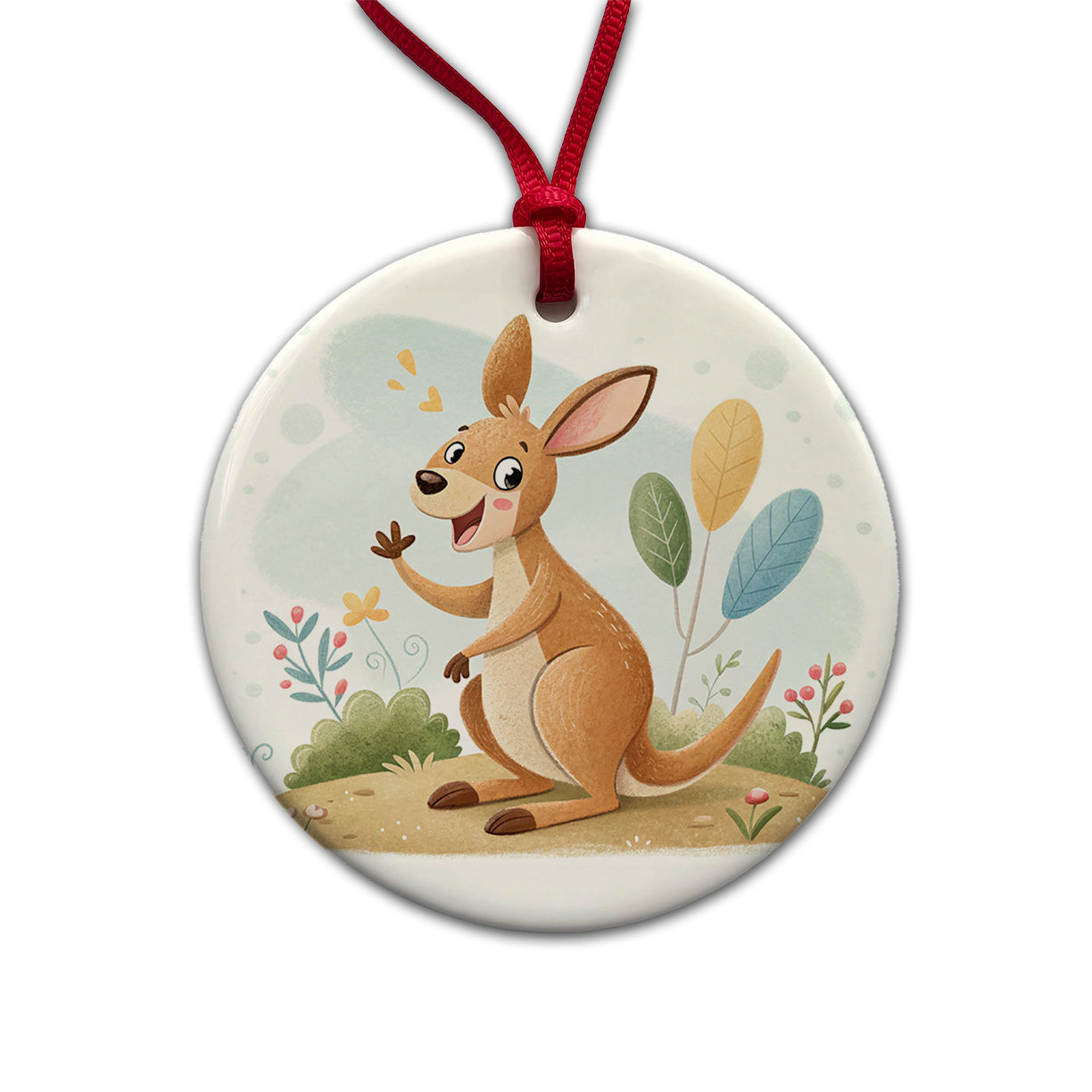 Kangaroo Children's Illustration Style Round Ceramic Holiday Christmas Tree Ornament