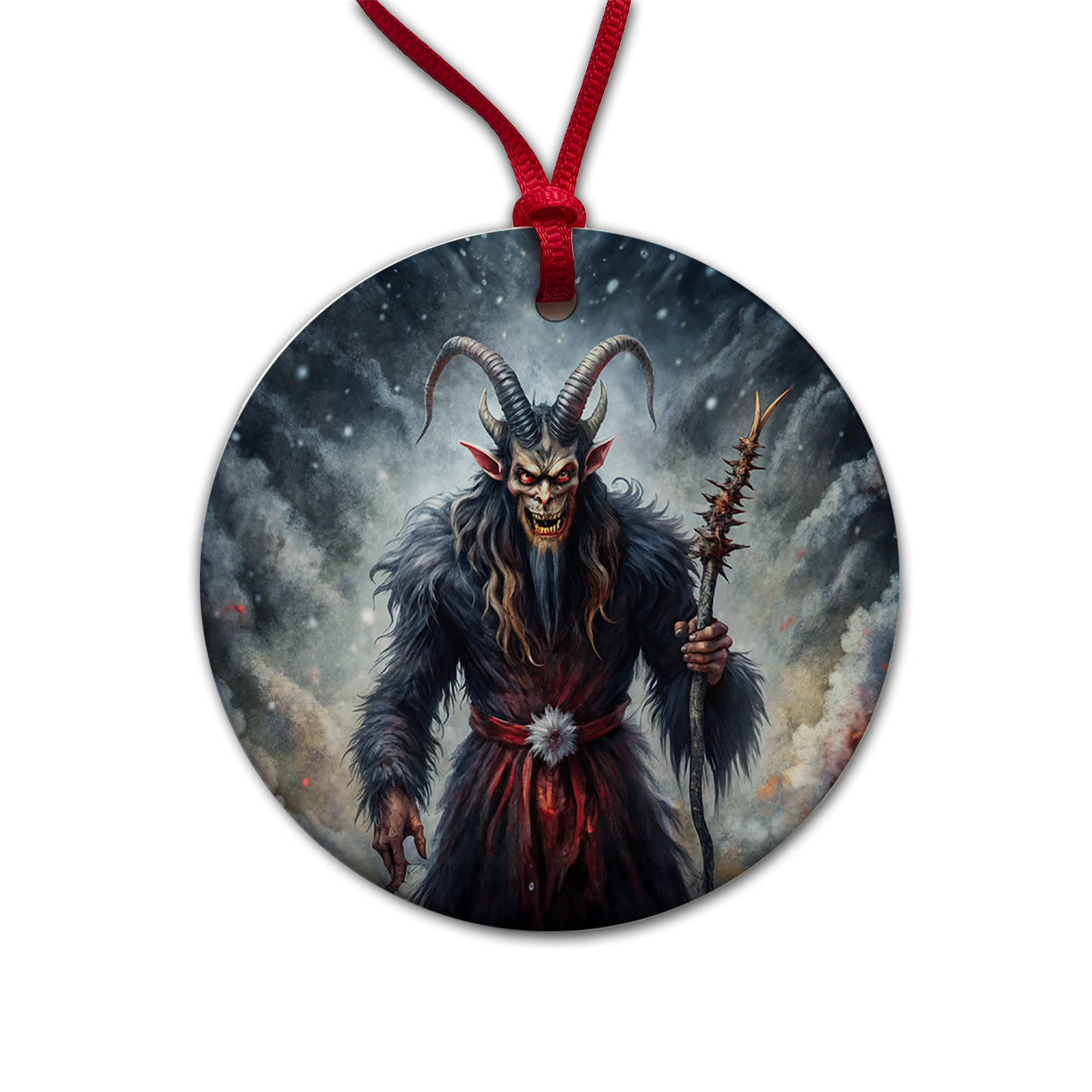 Krampus Black Watercolor Background Round Ceramic Holiday Christmas Tree Ornament