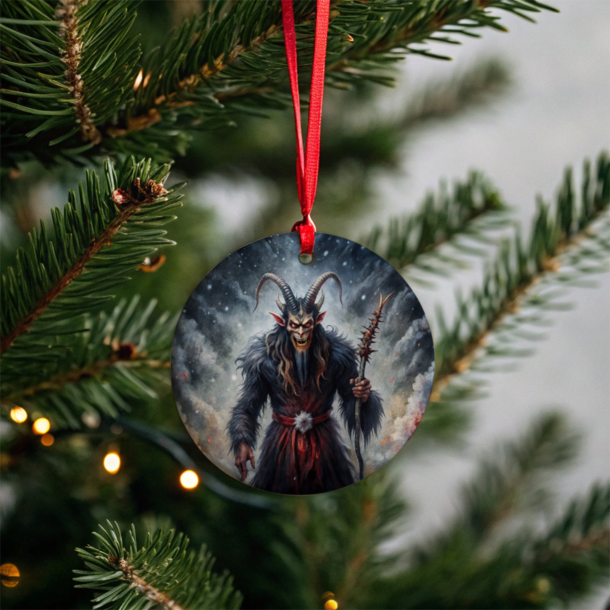 Krampus Black Watercolor Background Round Ceramic Holiday Christmas Tree Ornament