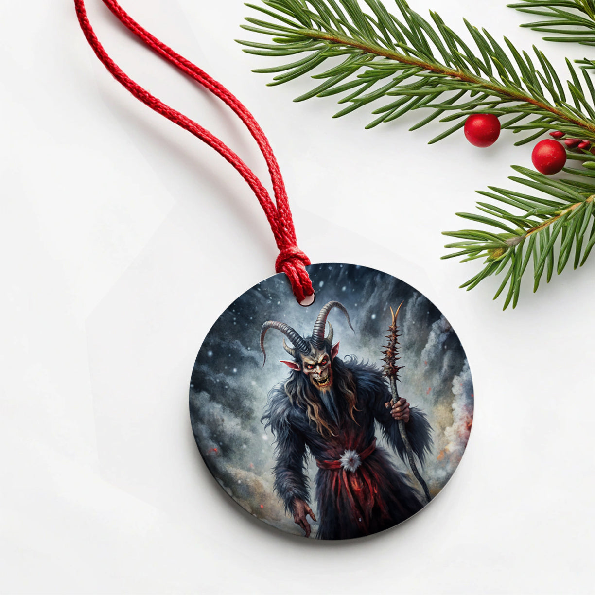 Krampus Black Watercolor Background Round Ceramic Holiday Christmas Tree Ornament