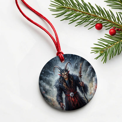 Krampus Black Watercolor Background Round Ceramic Holiday Christmas Tree Ornament