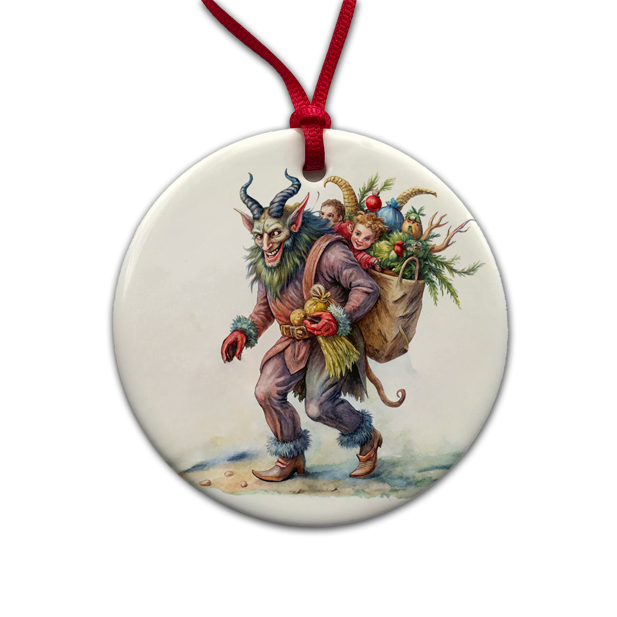 Krampus Carrying Bag Of Children Illustration Round Ceramic Holiday Christmas Tree Ornament
