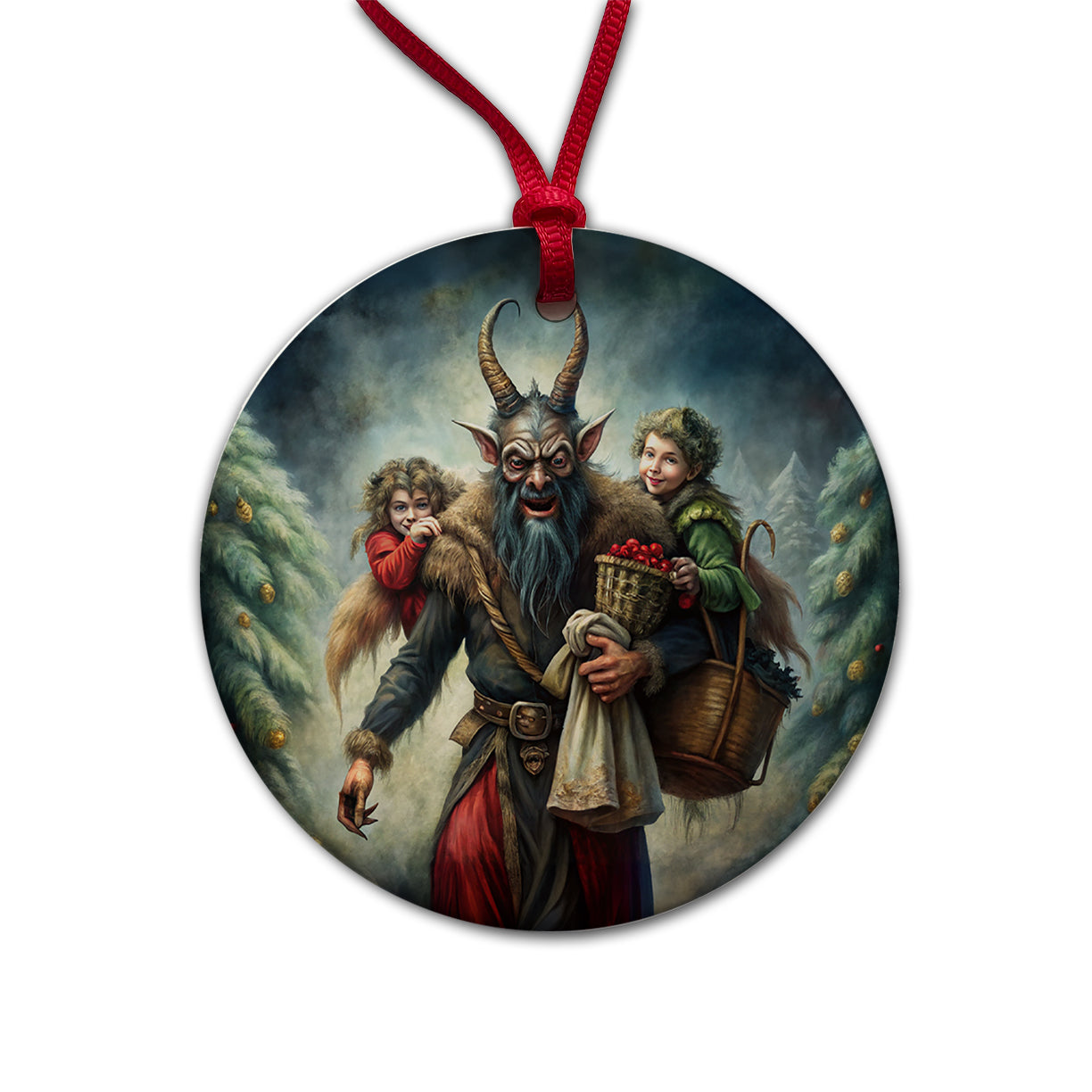 Krampus Carrying Stolen Children at Christmas Round Ceramic Holiday Christmas Tree Ornament