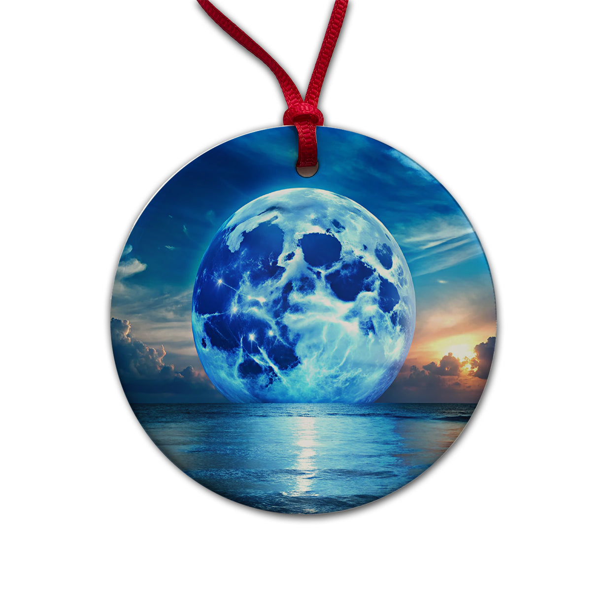 Large Blue Moon Over The Ocean Horizon Round Ceramic Holiday Christmas Tree Ornament