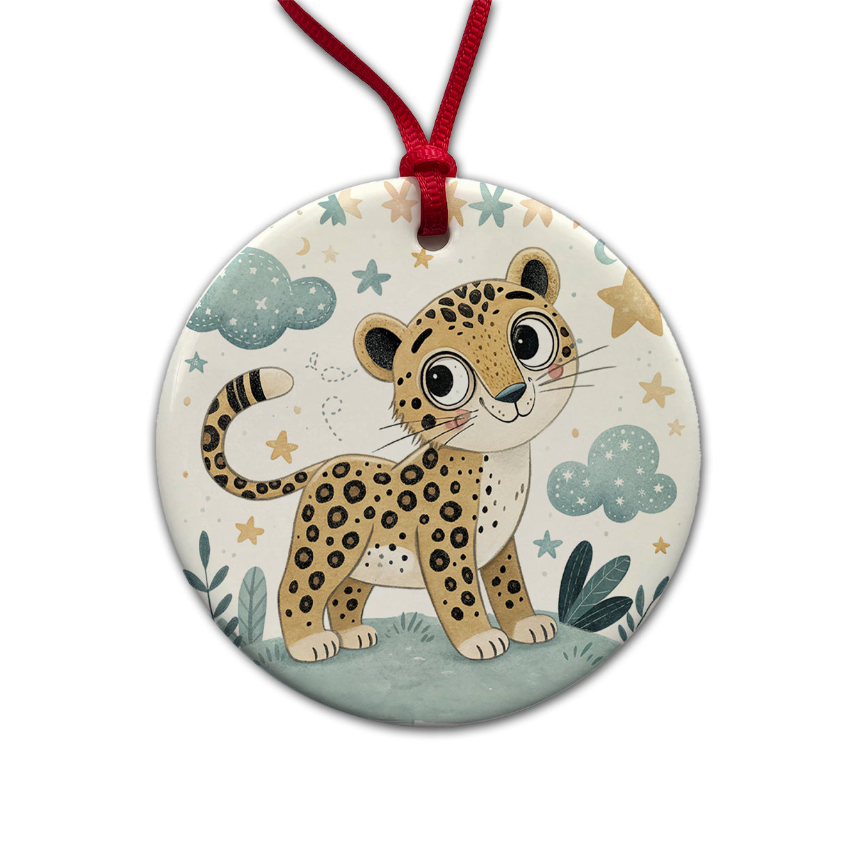 Leopard Children's Illustration Style Round Ceramic Holiday Christmas Tree Ornament
