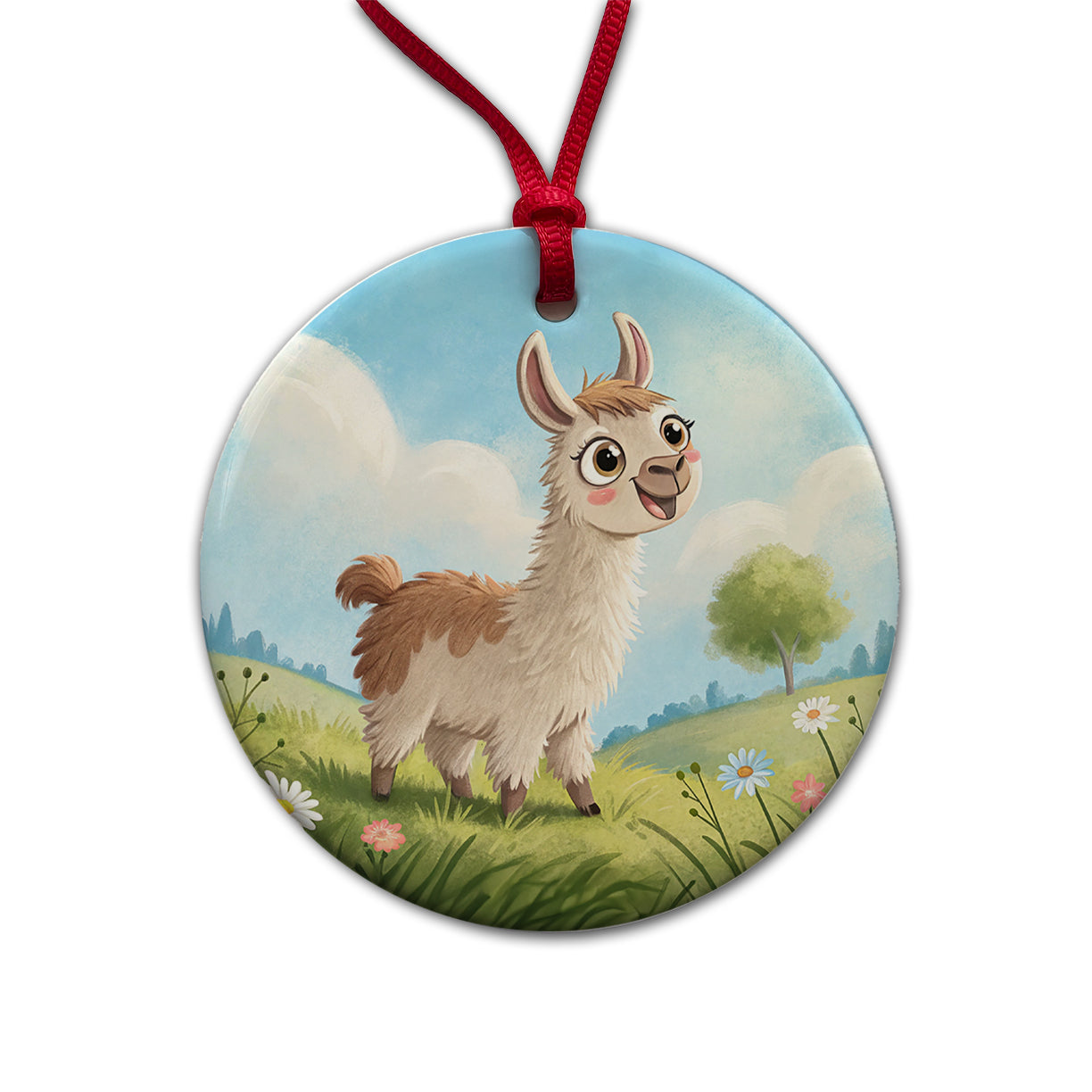 Llama Children's Illustration Style Round Ceramic Holiday Christmas Tree Ornament