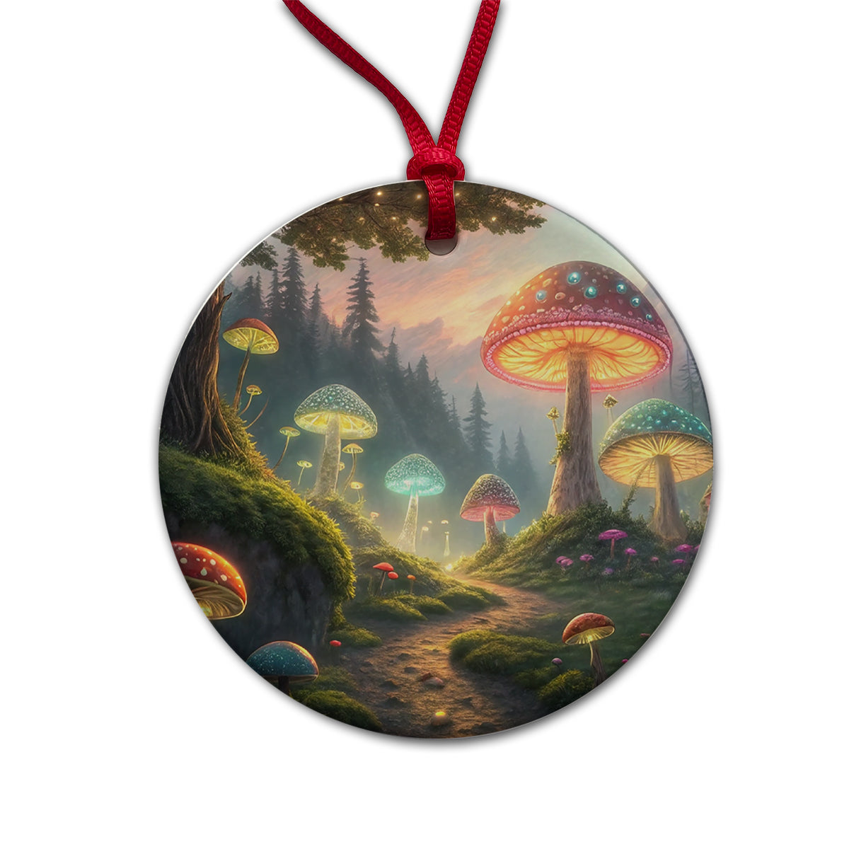 Magical Mushroom Garden Path Round Ceramic Holiday Christmas Tree Ornament