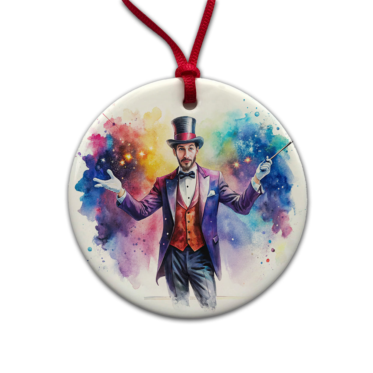 Magician Magic Watercolor Round Ceramic Holiday Christmas Tree Ornament