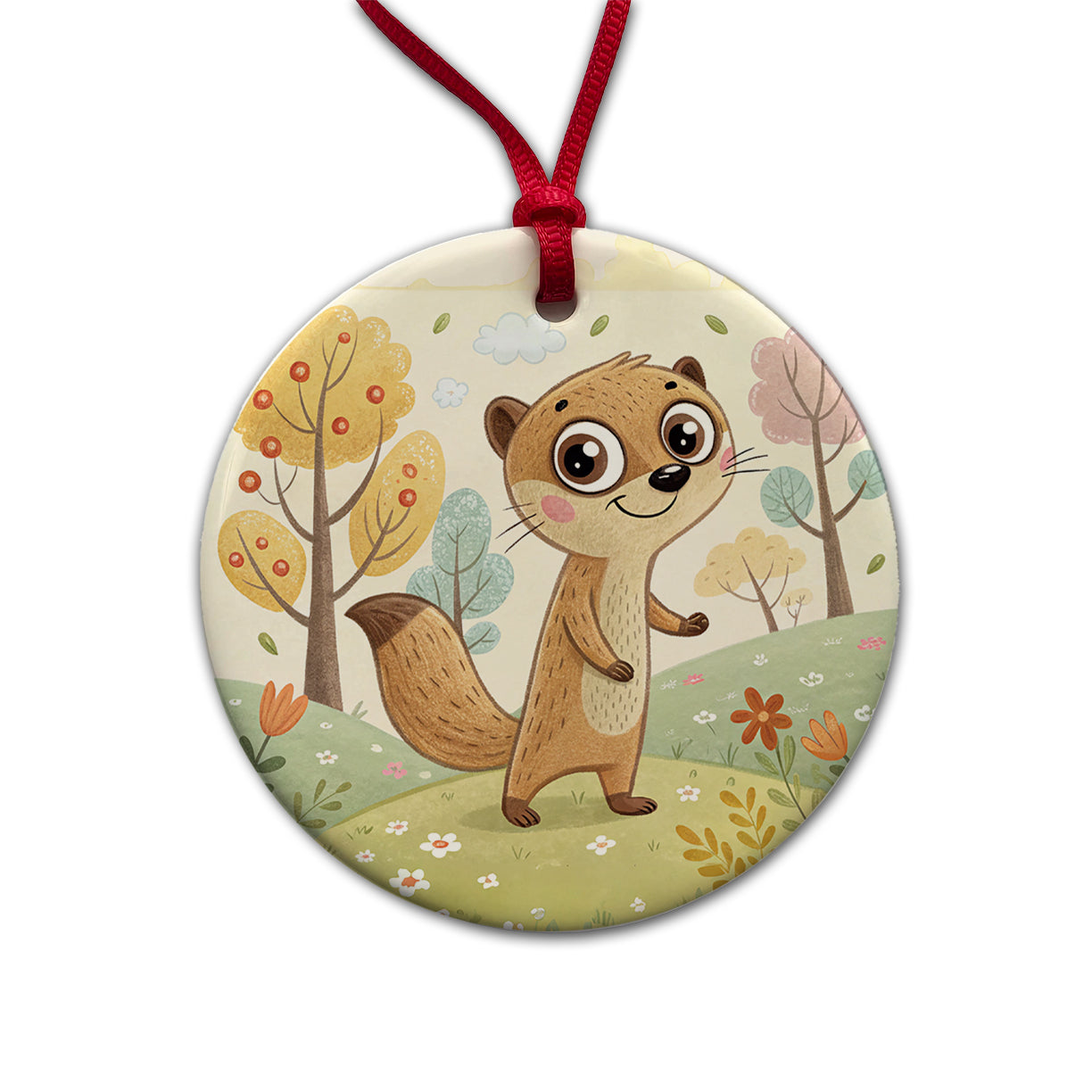 Mongoose Children's Illustration Style Round Ceramic Holiday Christmas Tree Ornament