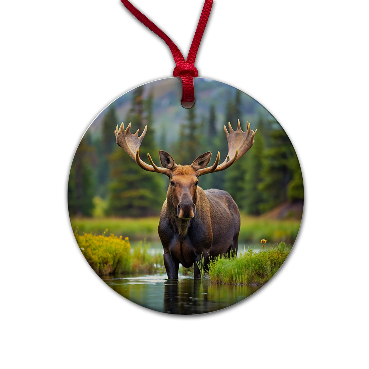 Moose Round Ceramic Holiday Christmas Tree Ornament