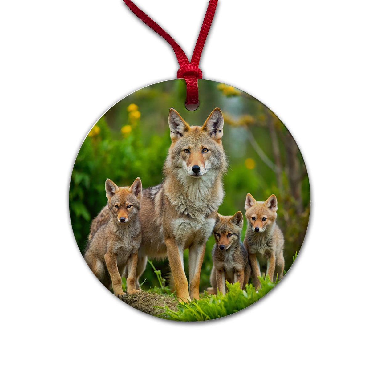 Mother Coyote And Pups Round Ceramic Holiday Christmas Tree Ornament