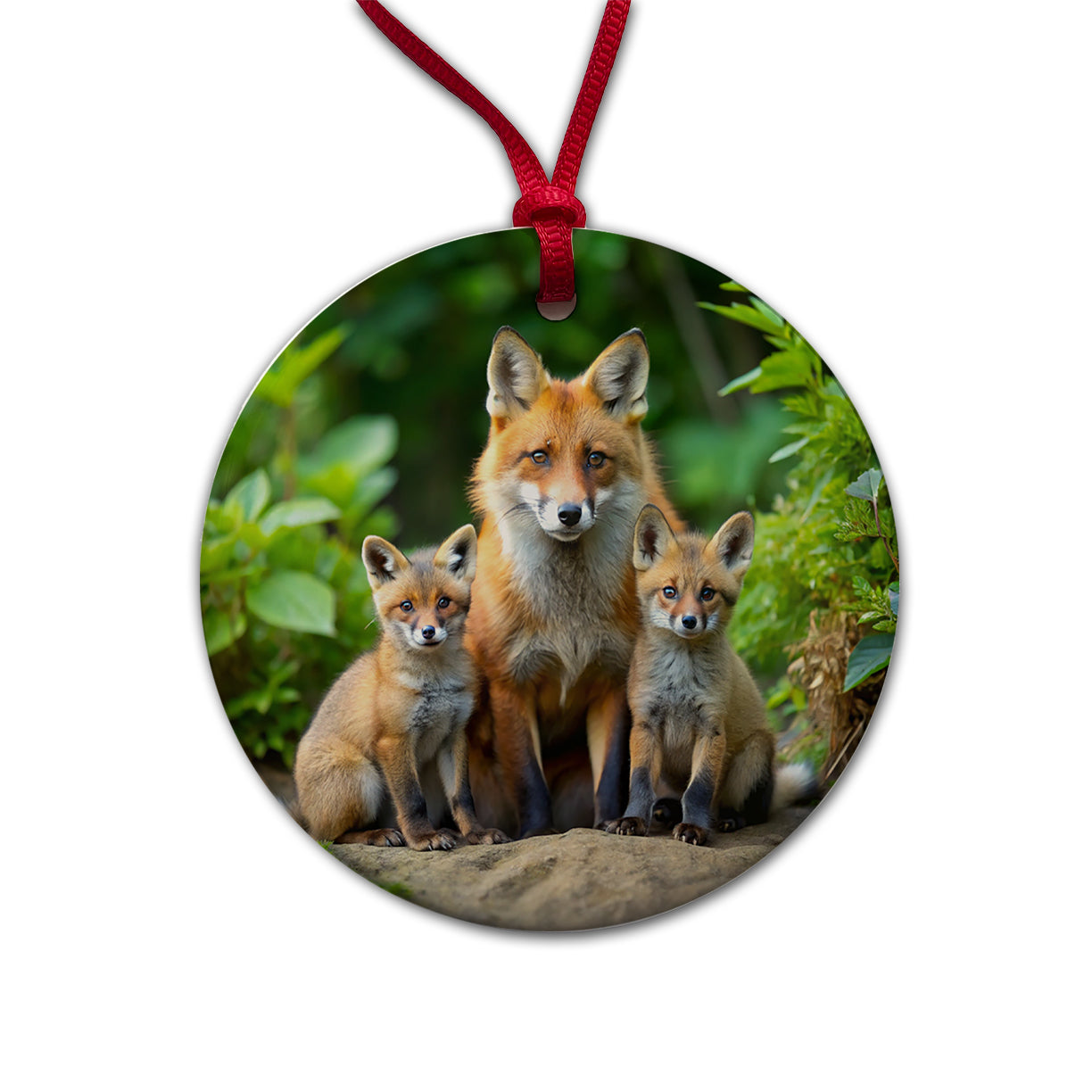 Mother Fox And Pups Round Ceramic Holiday Christmas Tree Ornament