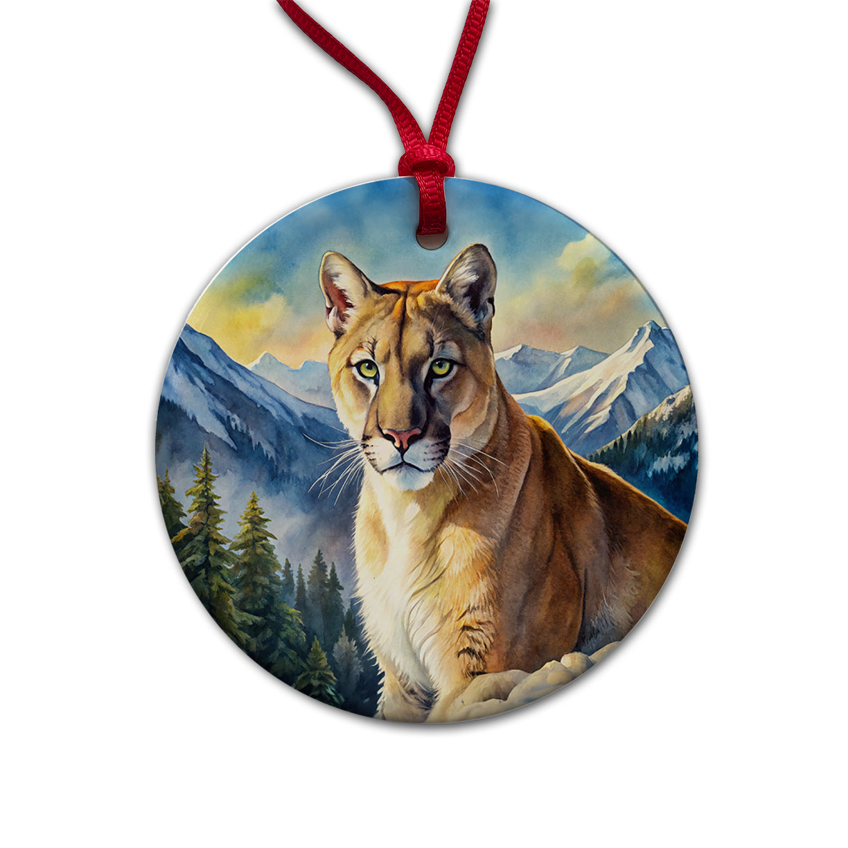 Mountain Lion Cougar Watercolor Round Ceramic Holiday Christmas Tree Ornament