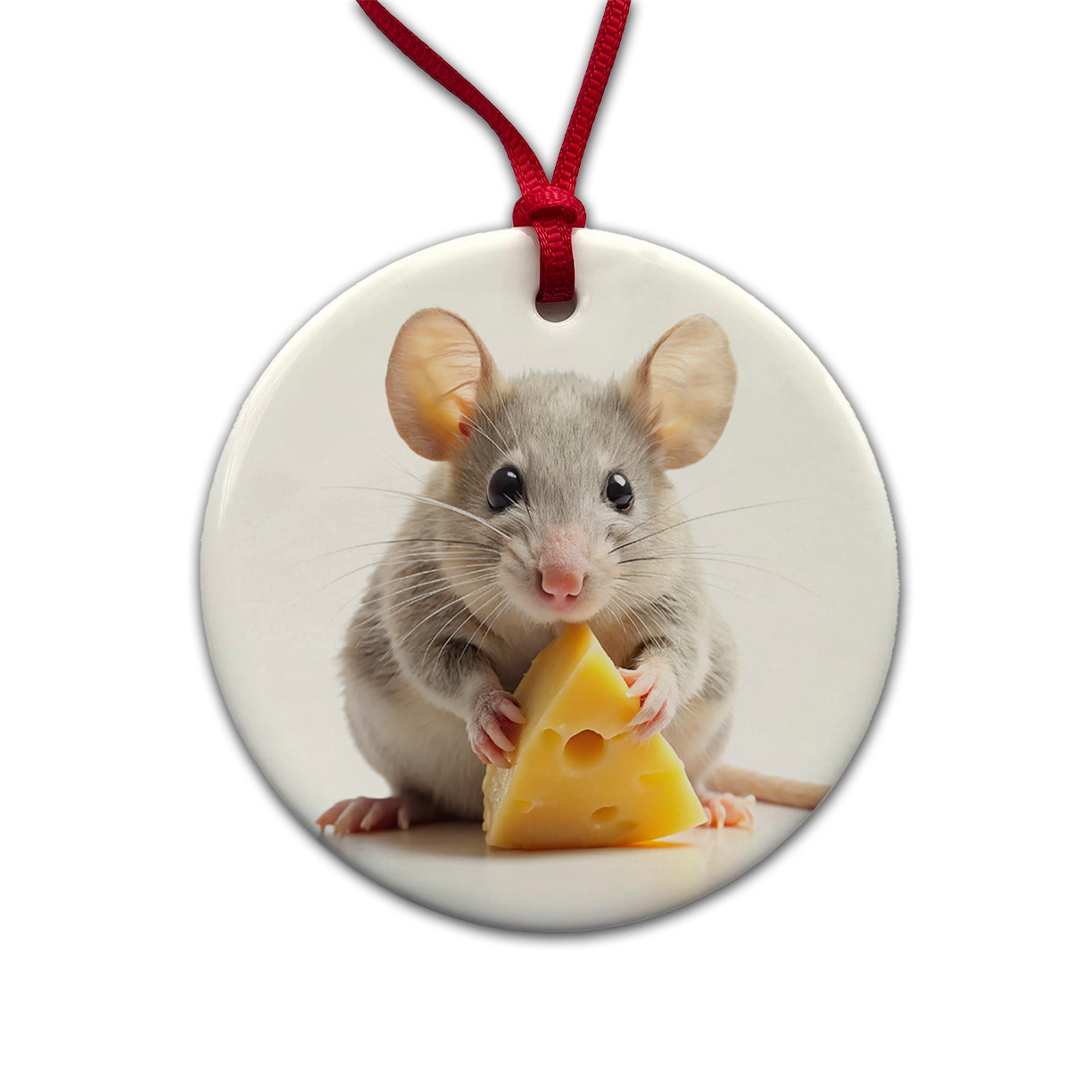 Mouse With A Piece Of Cheese Round Ceramic Holiday Christmas Tree Ornament