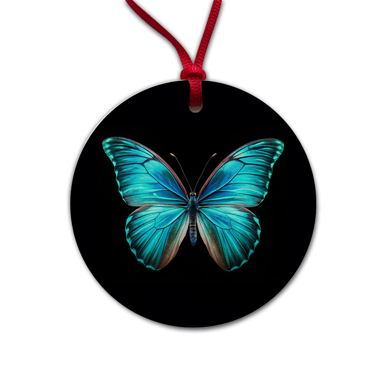 Neon Blue Teal Butterfly Round Ceramic Holiday Christmas Tree Ornament