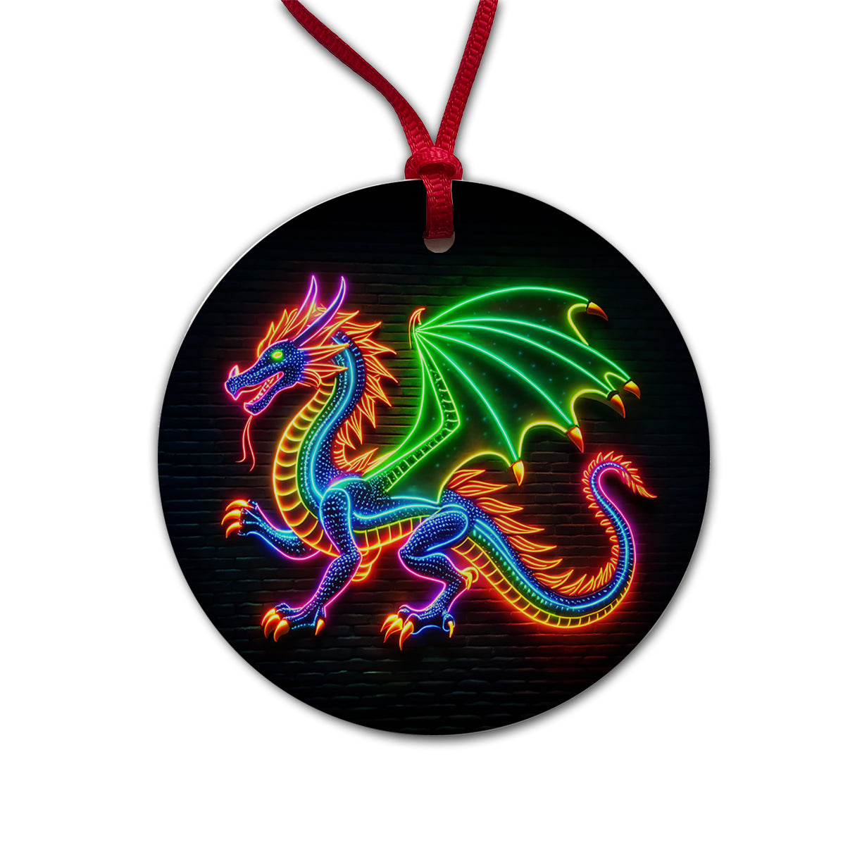 Neon European Dragon Round Ceramic Holiday Christmas Tree Ornament