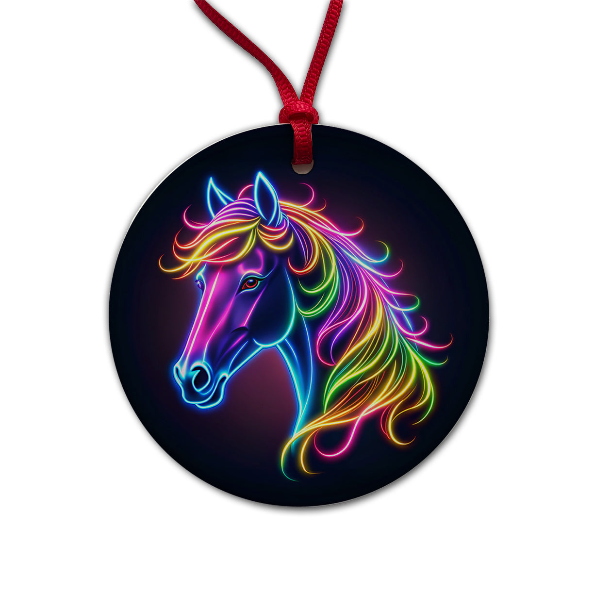 Neon Horse Head Round Ceramic Holiday Christmas Tree Ornament