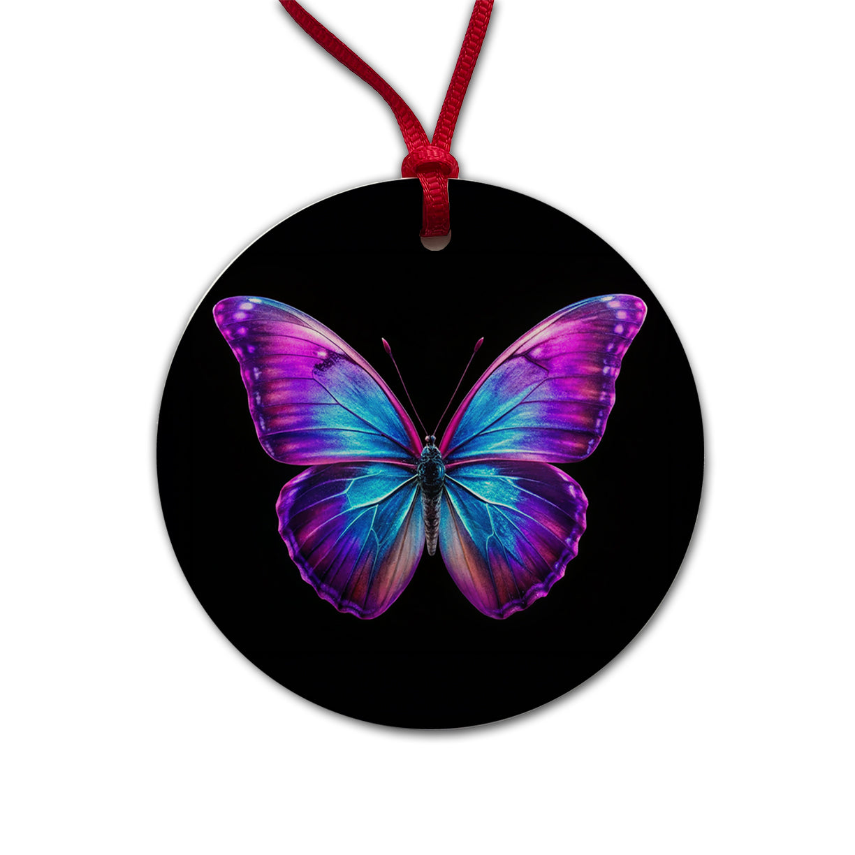 Neon Purple Blue Butterfly Round Ceramic Holiday Christmas Tree Ornament