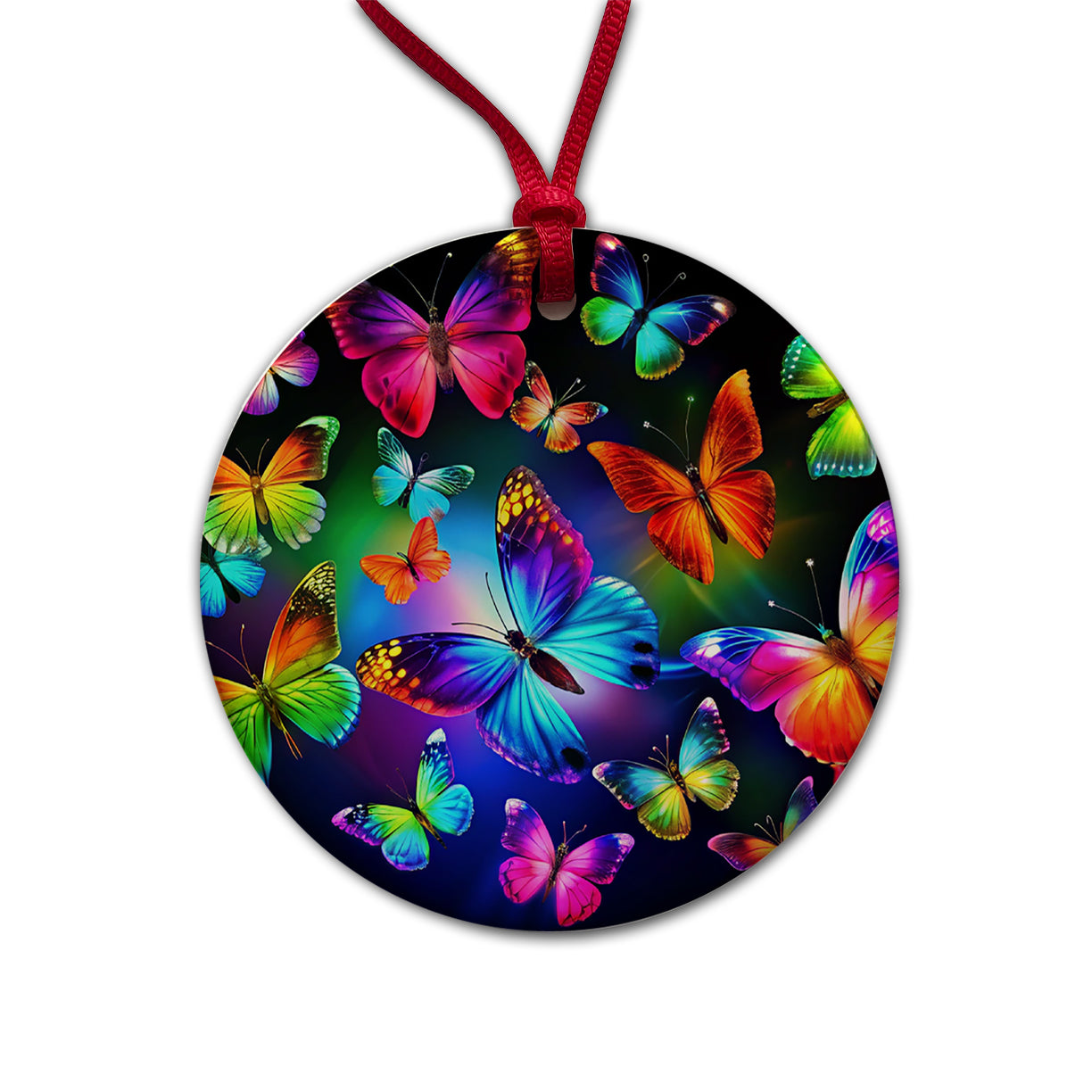 Neon Rainbow Colorful Butterflies Round Ceramic Holiday Christmas Tree Ornament