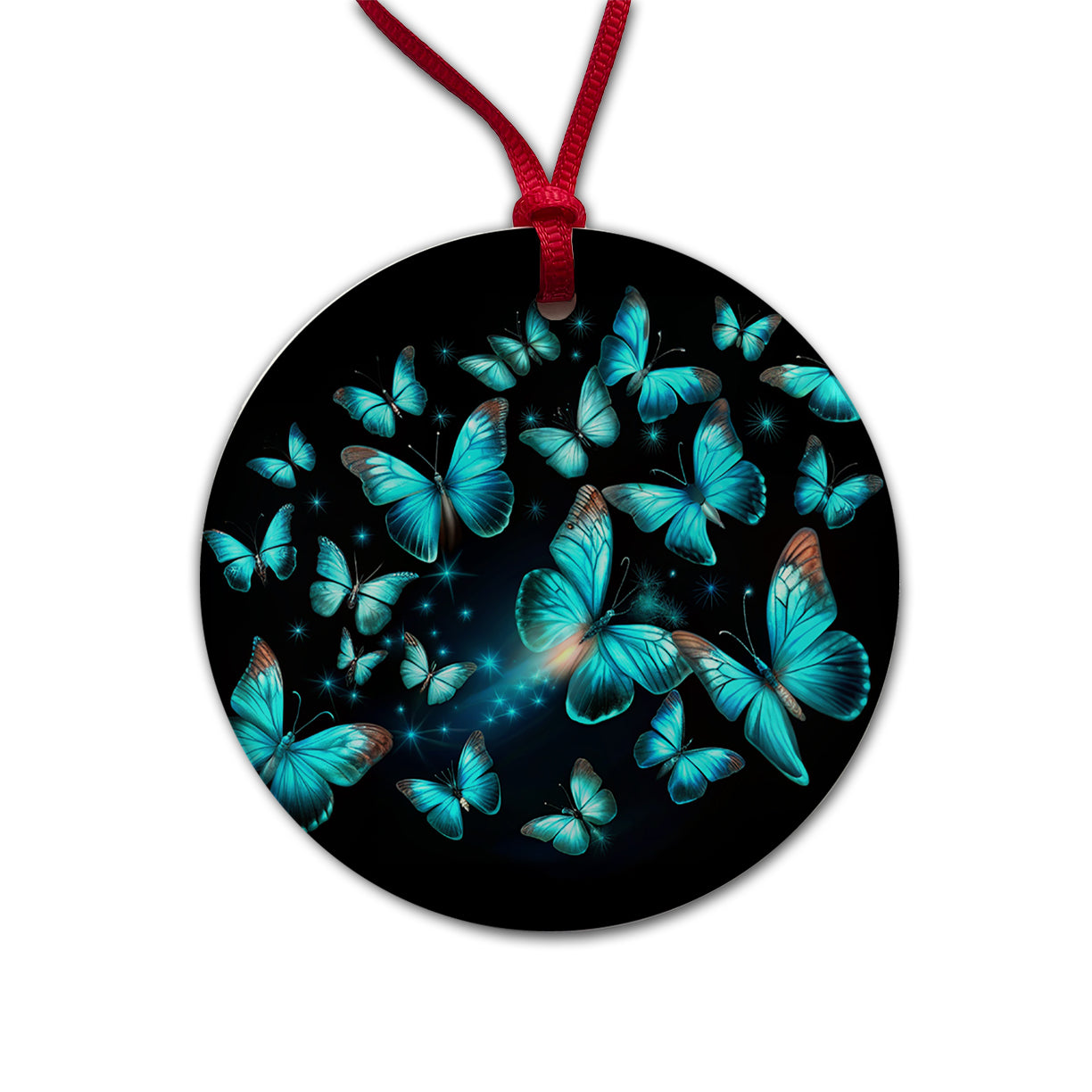 Neon Teal Blue Butterflies Round Ceramic Holiday Christmas Tree Ornament