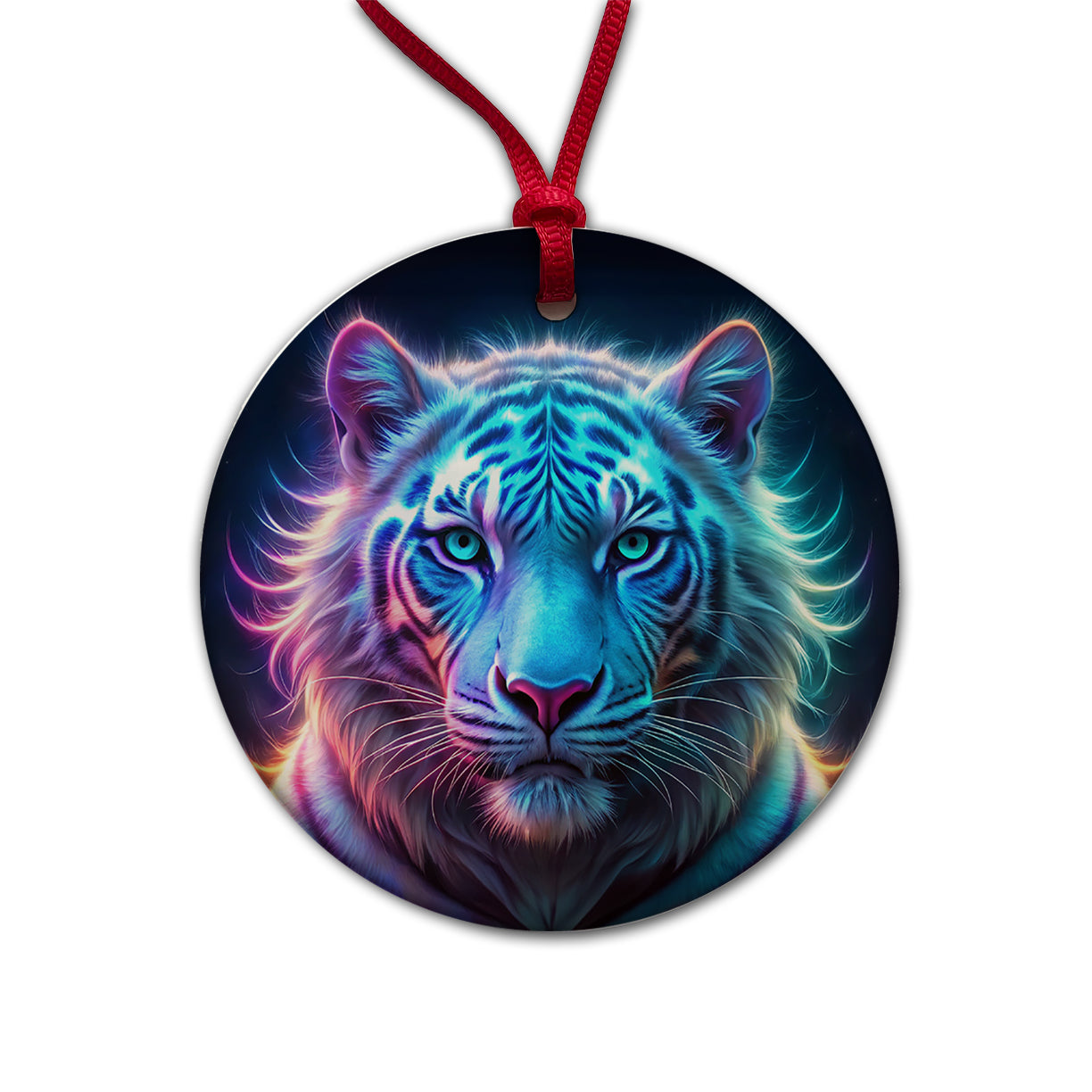 Neon White Tiger Face Round Ceramic Holiday Christmas Tree Ornament