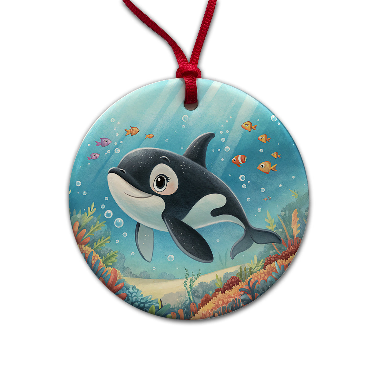 Orca Killer Whale Children's Illustration Style Round Ceramic Holiday Christmas Tree Ornament