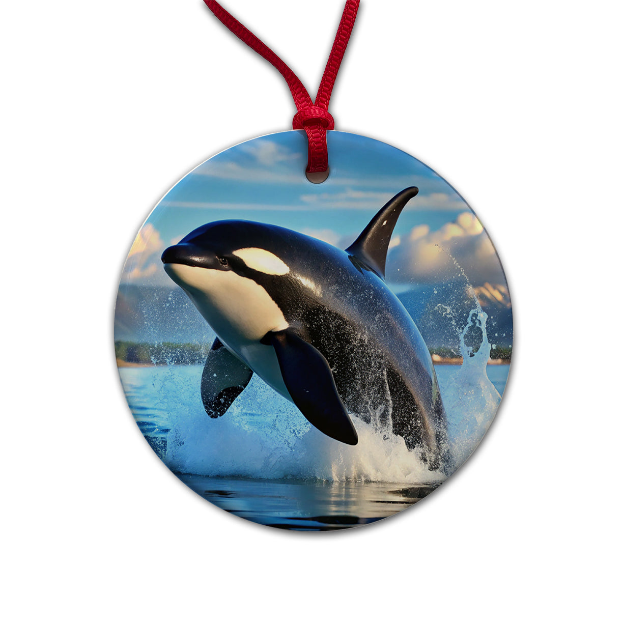 Orca Killer Whale Jumping Round Ceramic Holiday Christmas Tree Ornament