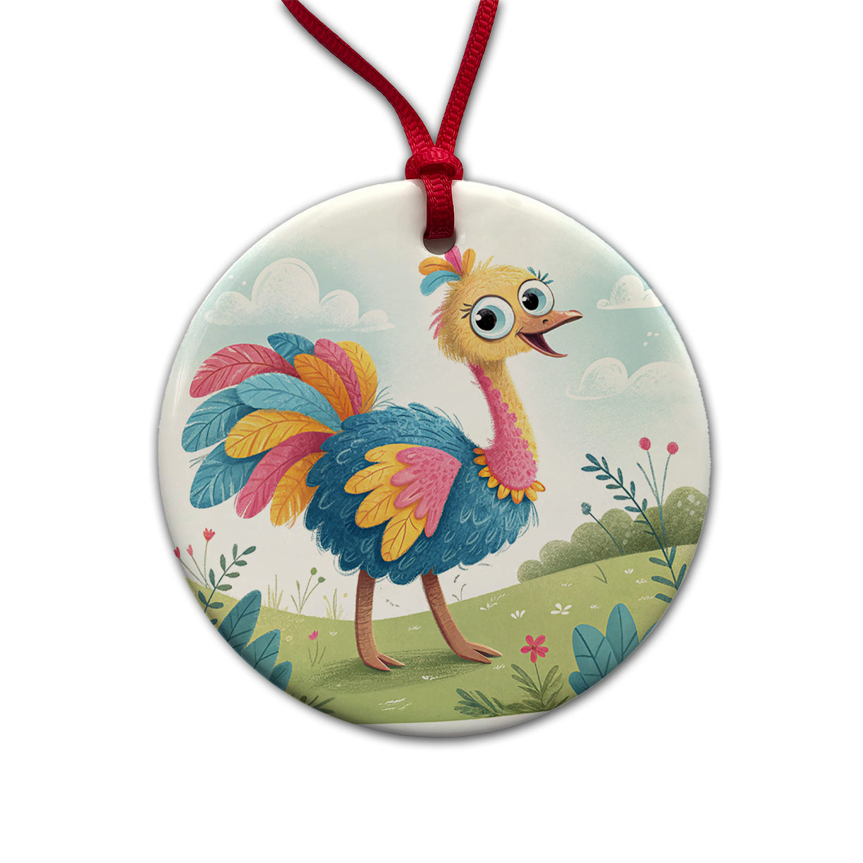 Ostrich Children's Illustration Style Round Ceramic Holiday Christmas Tree Ornament